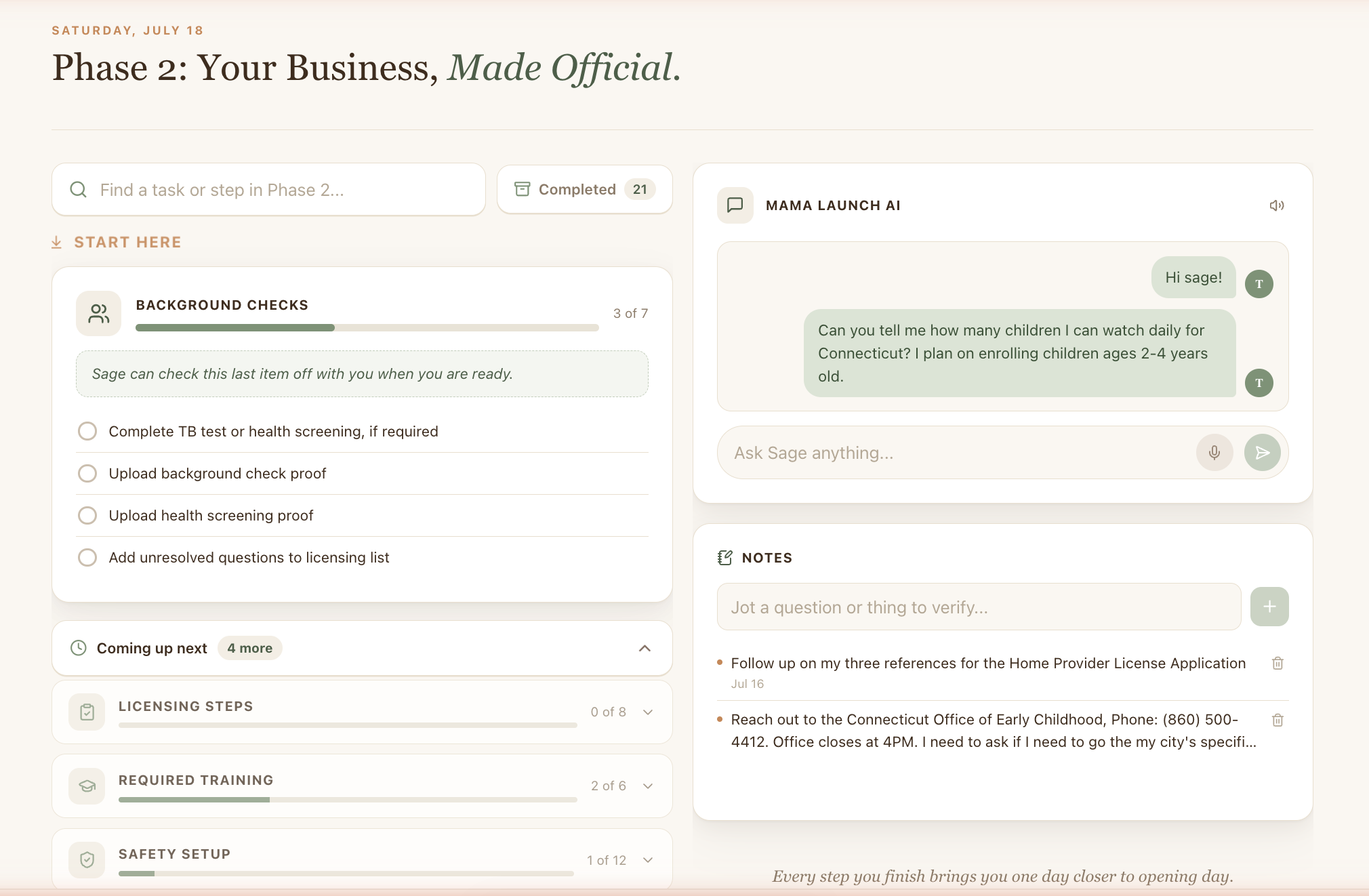 Phase 2 licensing workspace showing task checklists, the Mama Launch AI assistant, and a notes panel.